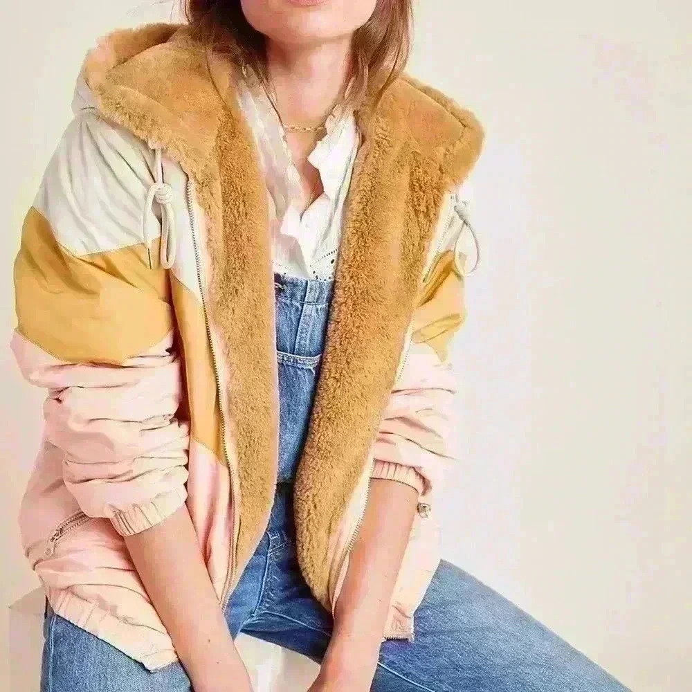 Anthropologie Kacie Colorblocked Reversible Fur‎ Parka Size XXS
